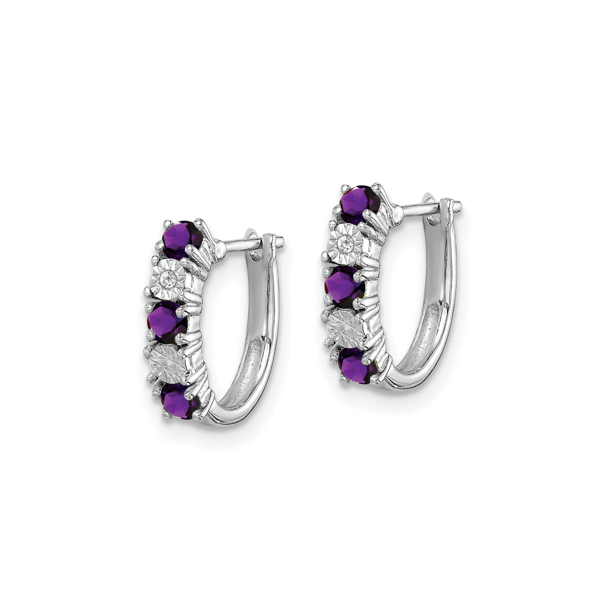 Sterling Silver Hoop Earrings with Amethyst and Diamonds in Shared Prong Setting