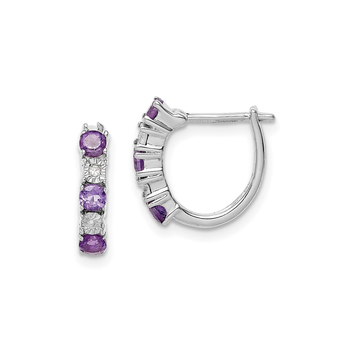 Sterling Silver Hoop Earrings with Amethyst and Cubic Zirconia in Shared Prong Setting