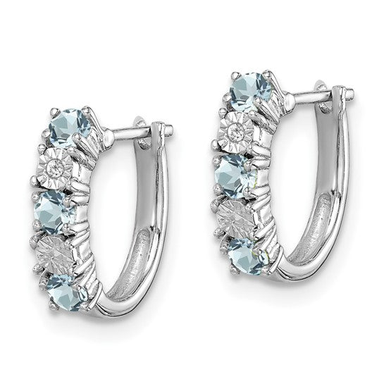 Sterling Silver Hoop Earrings with Aquamarine and Diamond in Channel Setting