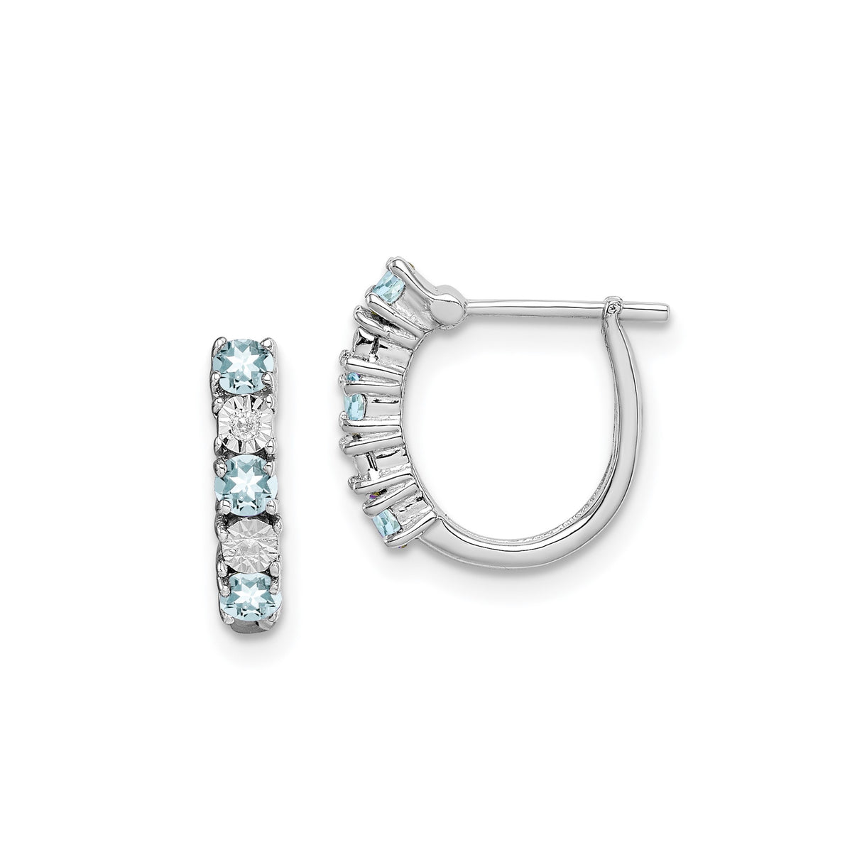 Sterling Silver Hoop Earrings with Aquamarine and Diamond in Channel Setting