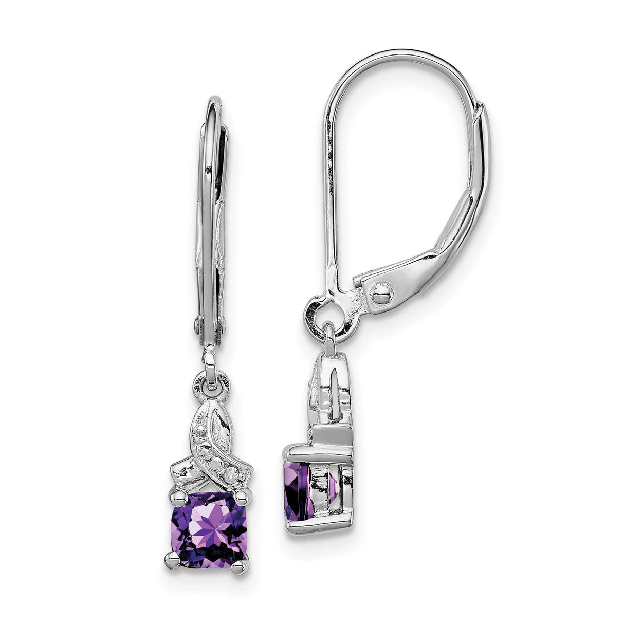 Sterling Silver Dangle Earrings with Amethyst and Diamond Accents, Curved Design for Women