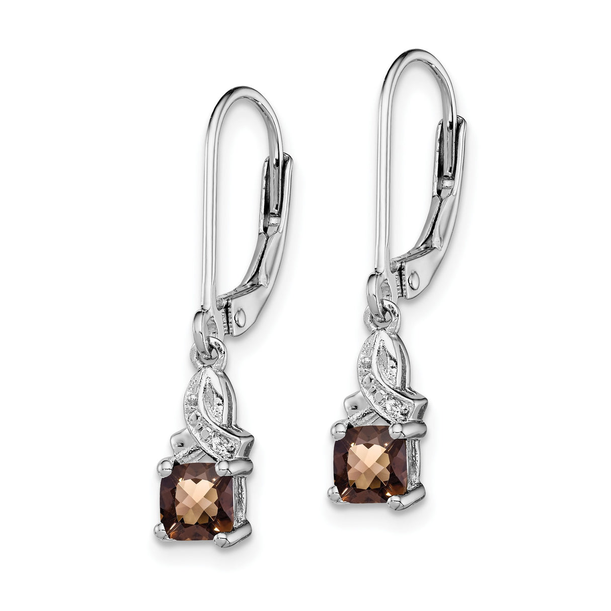 Sterling Silver Drop Earrings with Smoky Quartz and Diamond Accents, Swirl Leverback Design