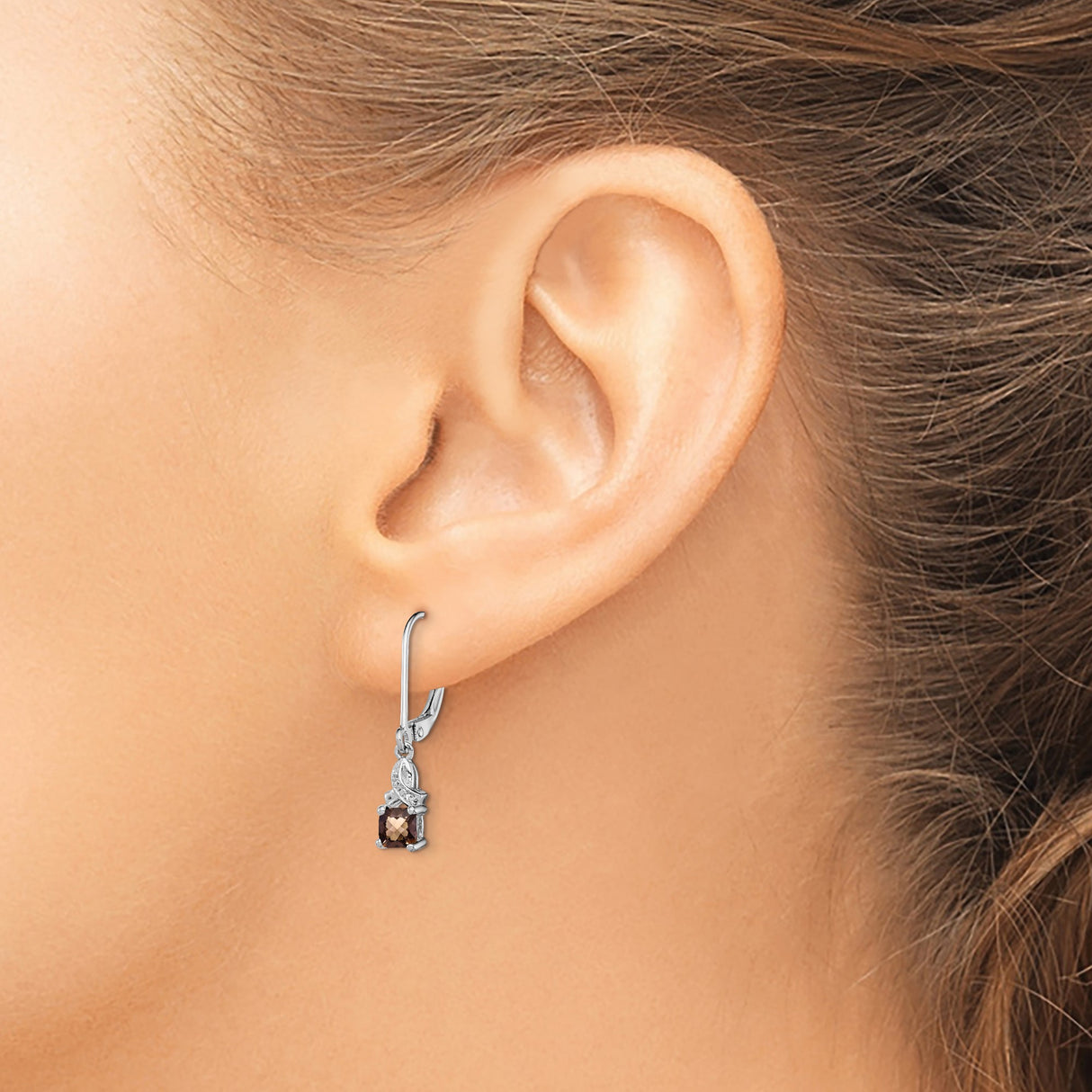 Sterling Silver Drop Earrings with Smoky Quartz and Diamond Accents, Swirl Leverback Design