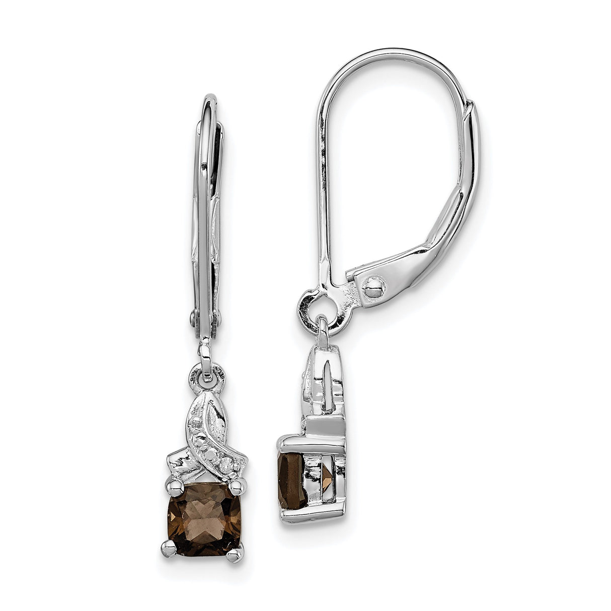 Sterling Silver Drop Earrings with Smoky Quartz and Diamond Accents, Swirl Leverback Design