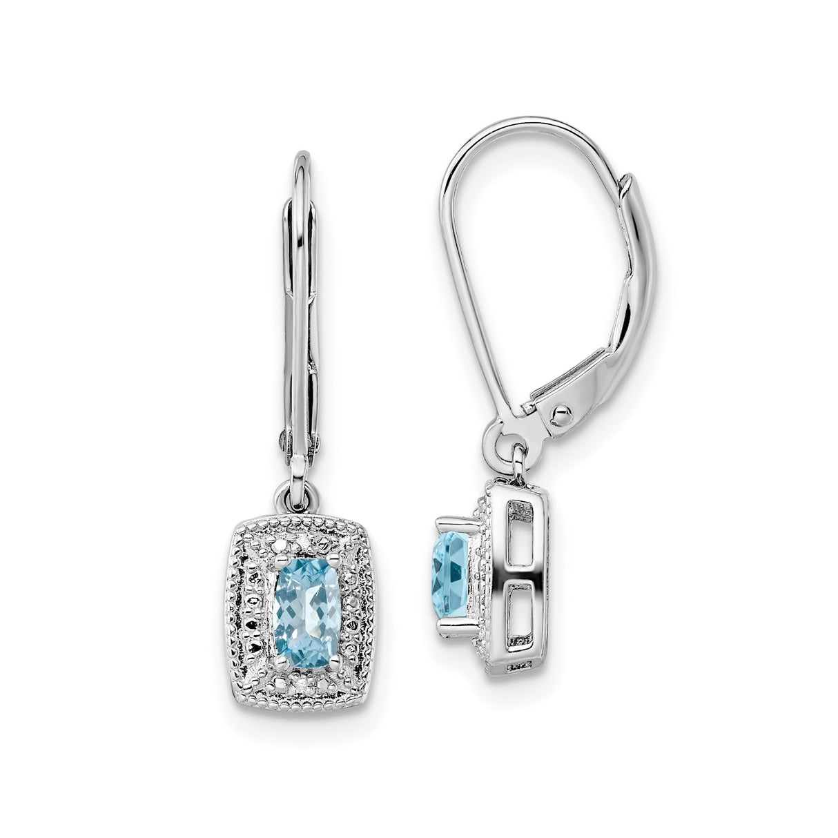 Sterling Silver Dangle Earrings with Sky Blue Topaz and Diamond, Halo Leverback Design