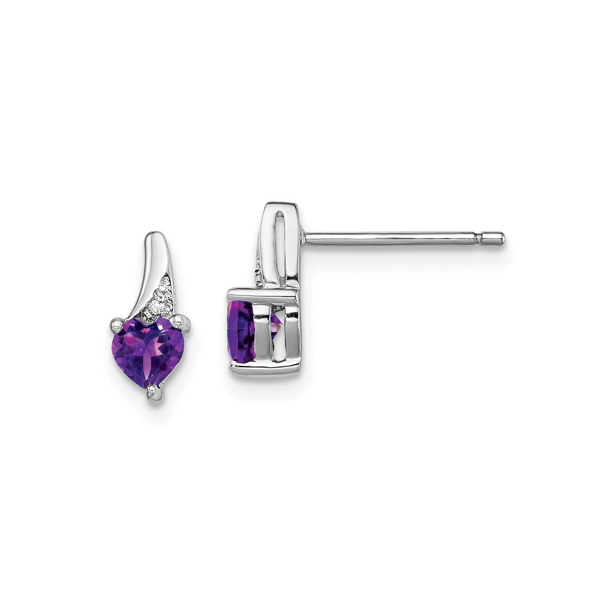 Sterling Silver Heart Stud Earrings with Amethyst and Diamond Accents