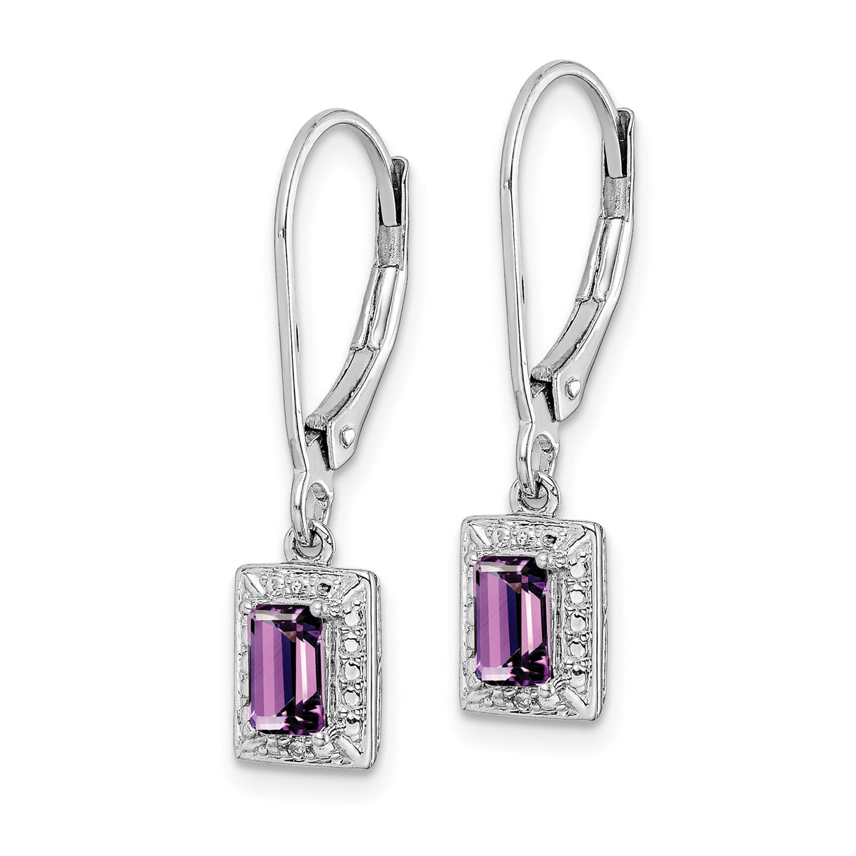 Sterling Silver Dangle Earrings with Amethyst and Diamond, Rectangular Vintage Design