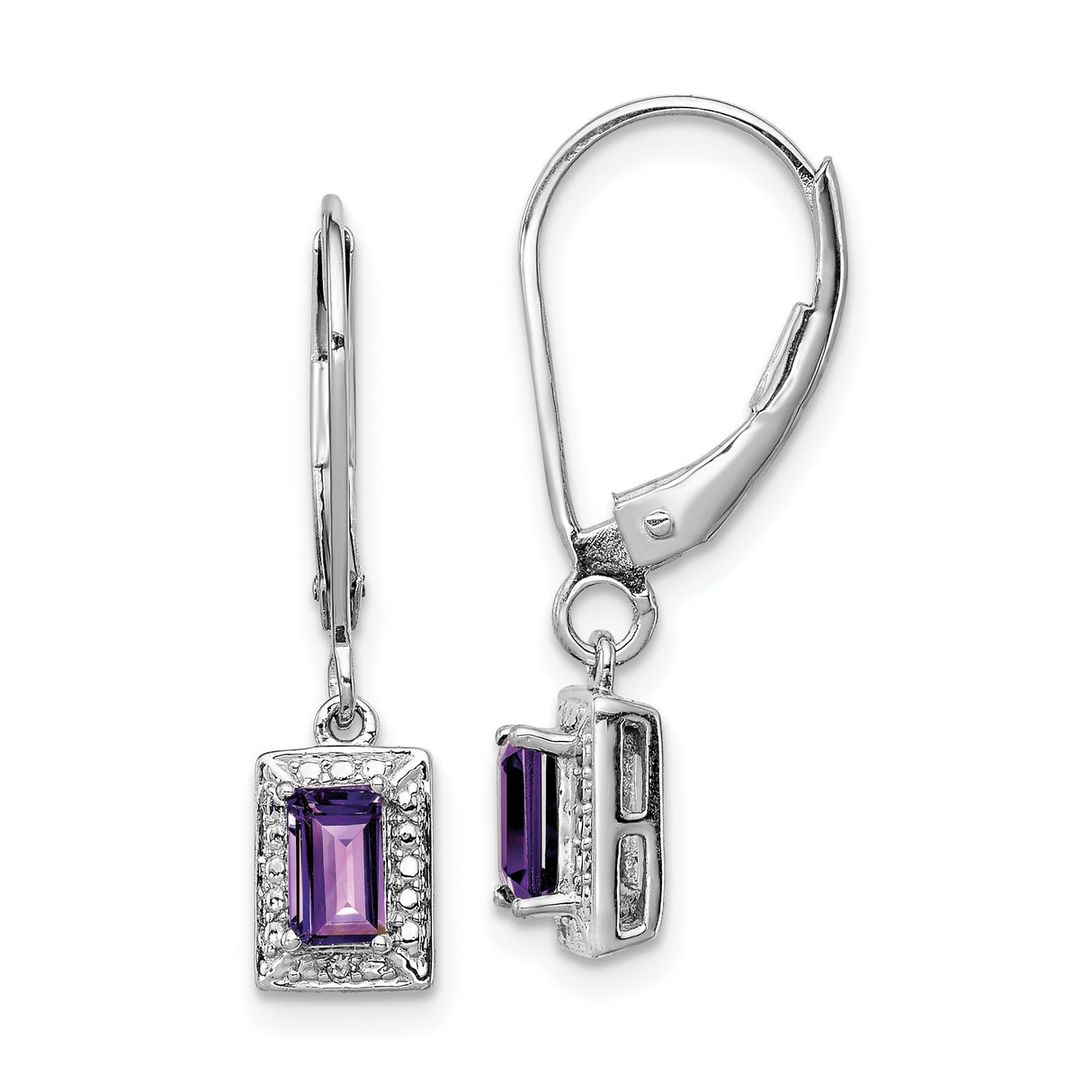 Sterling Silver Dangle Earrings with Amethyst and Diamond, Rectangular Vintage Design