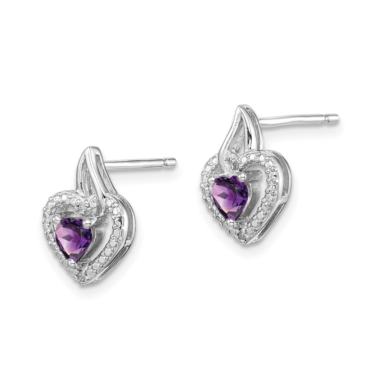 Sterling Silver Heart Shaped Stud Earrings with Amethyst and Diamond Accents, Flame Design