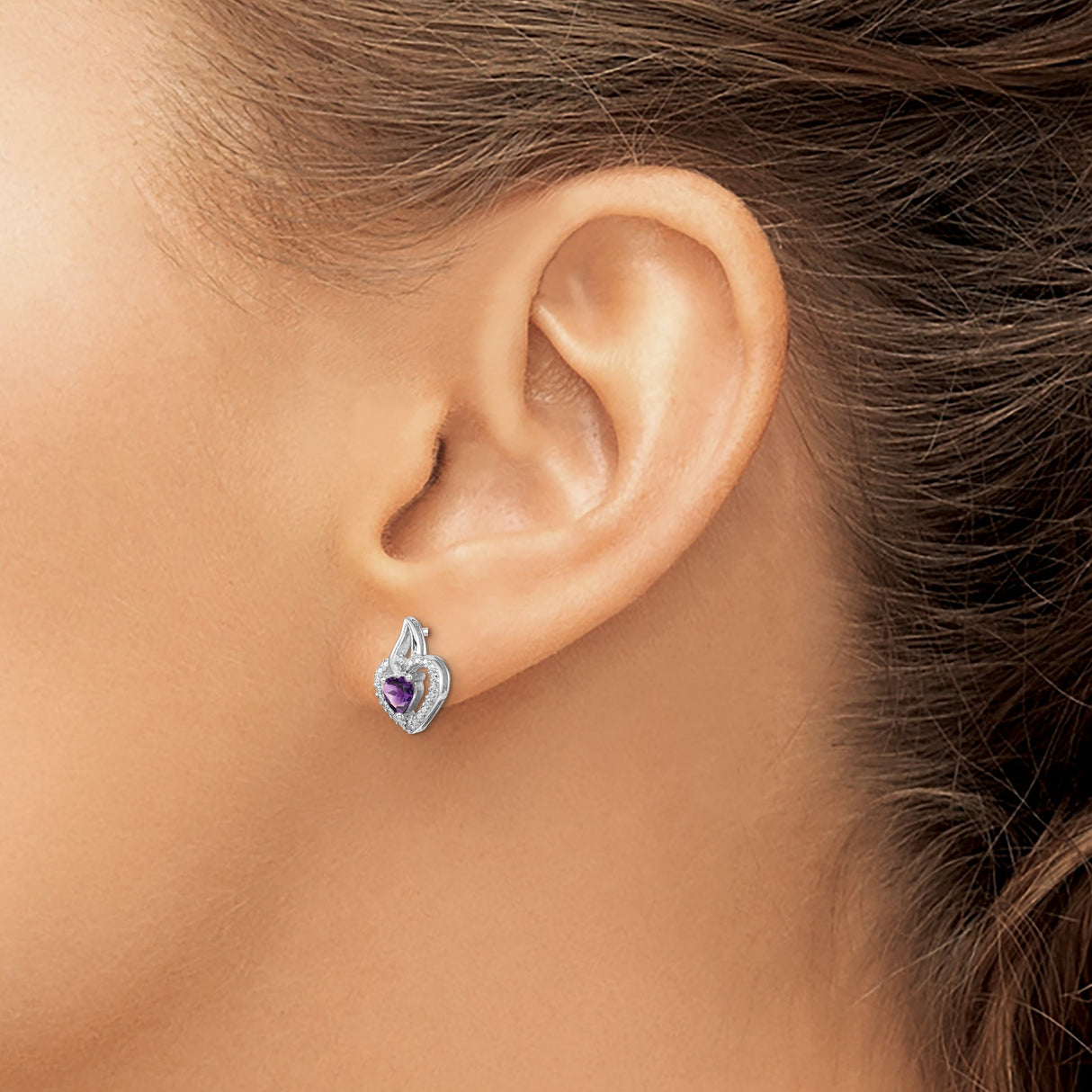 Sterling Silver Heart Shaped Stud Earrings with Amethyst and Diamond Accents, Flame Design