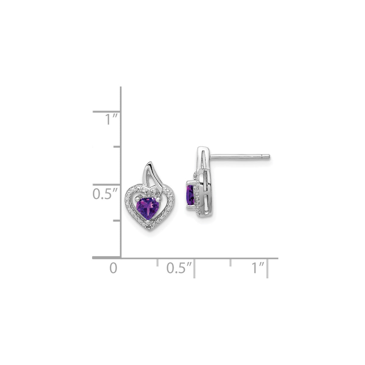 Sterling Silver Heart Shaped Stud Earrings with Amethyst and Diamond Accents, Flame Design