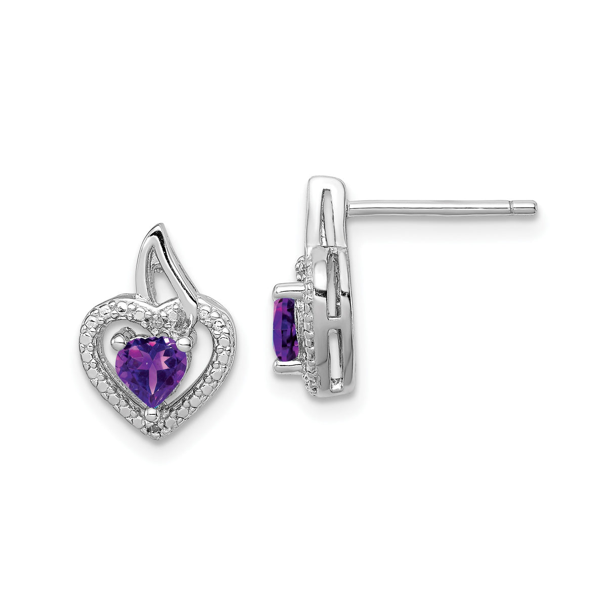 Sterling Silver Heart Shaped Stud Earrings with Amethyst and Diamond Accents, Flame Design
