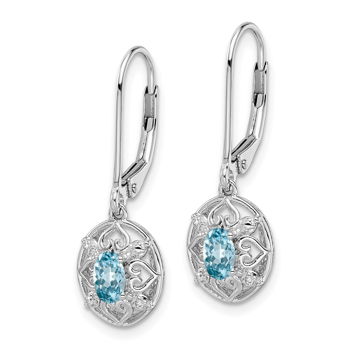 Sterling Silver Dangle Earrings with Blue Topaz, Heart Filigree and Diamonds