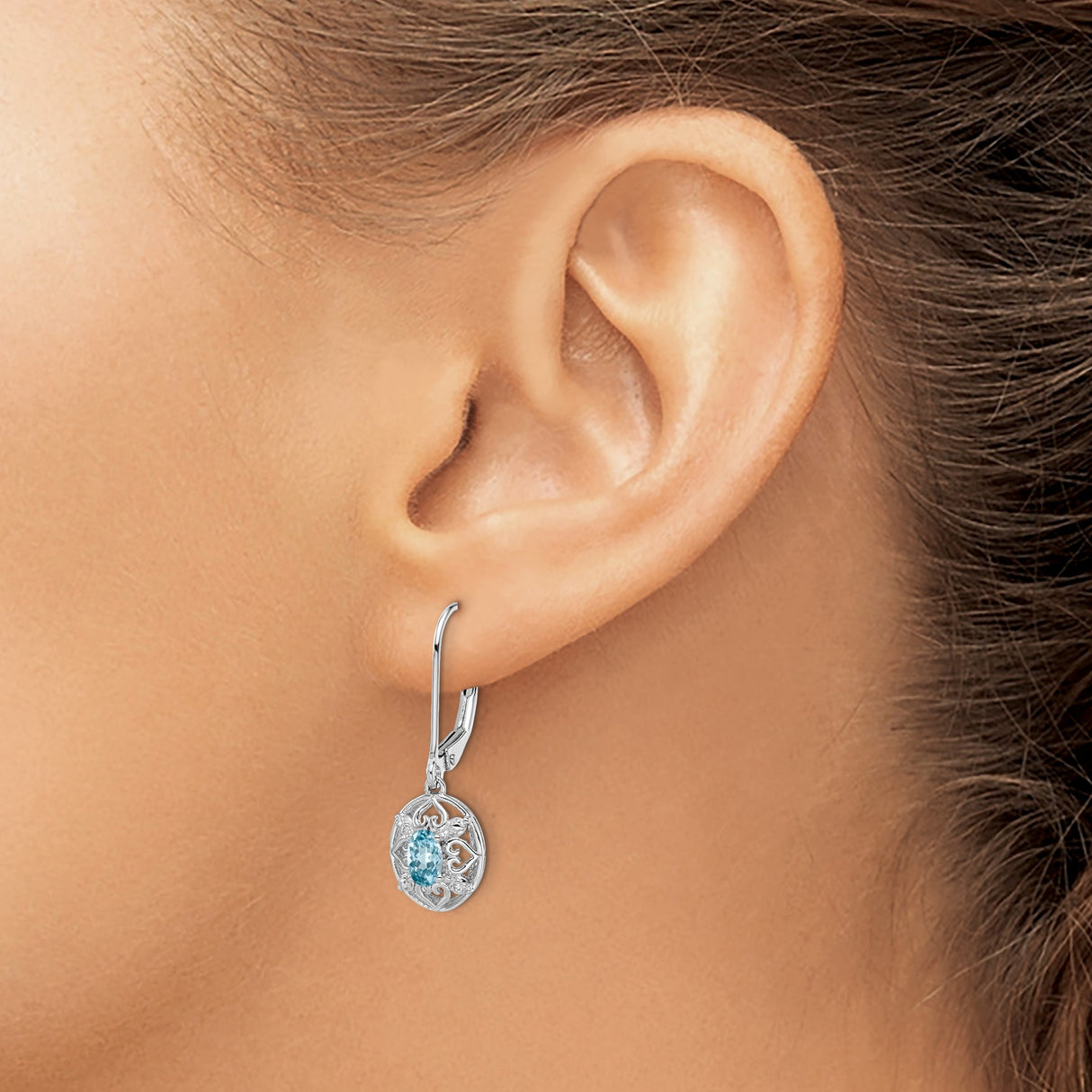 Sterling Silver Dangle Earrings with Blue Topaz, Heart Filigree and Diamonds