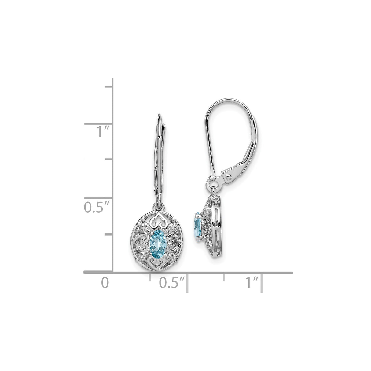 Sterling Silver Dangle Earrings with Blue Topaz, Heart Filigree and Diamonds