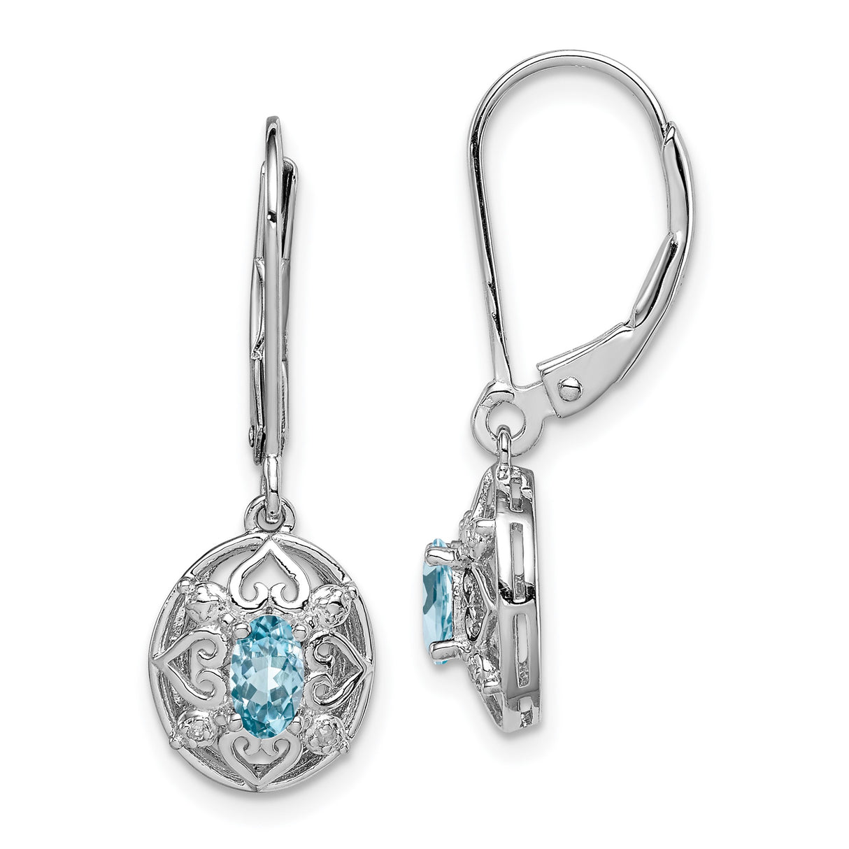 Sterling Silver Dangle Earrings with Blue Topaz, Heart Filigree and Cubic Zirconia