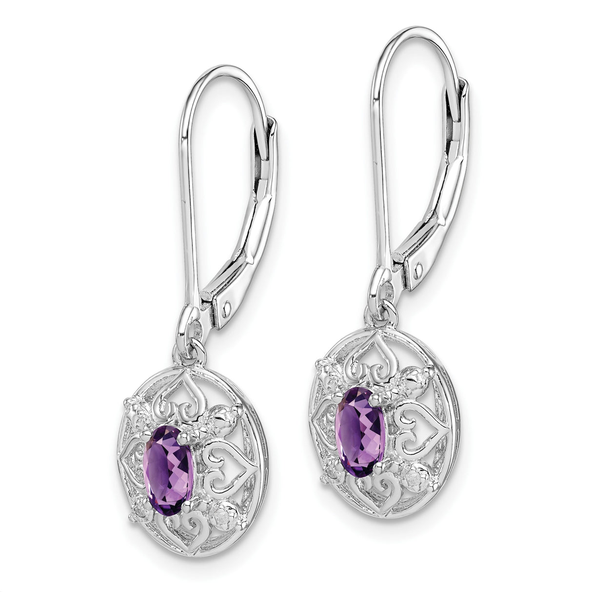 Sterling Silver Dangle Earrings with Oval Amethyst, Filigree Heart and Scroll Motif, Diamond Accents