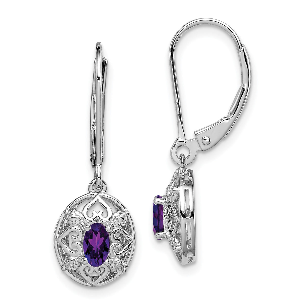 Sterling Silver Dangle Earrings with Oval Amethyst, Filigree Heart and Scroll Motif, Diamond Accents