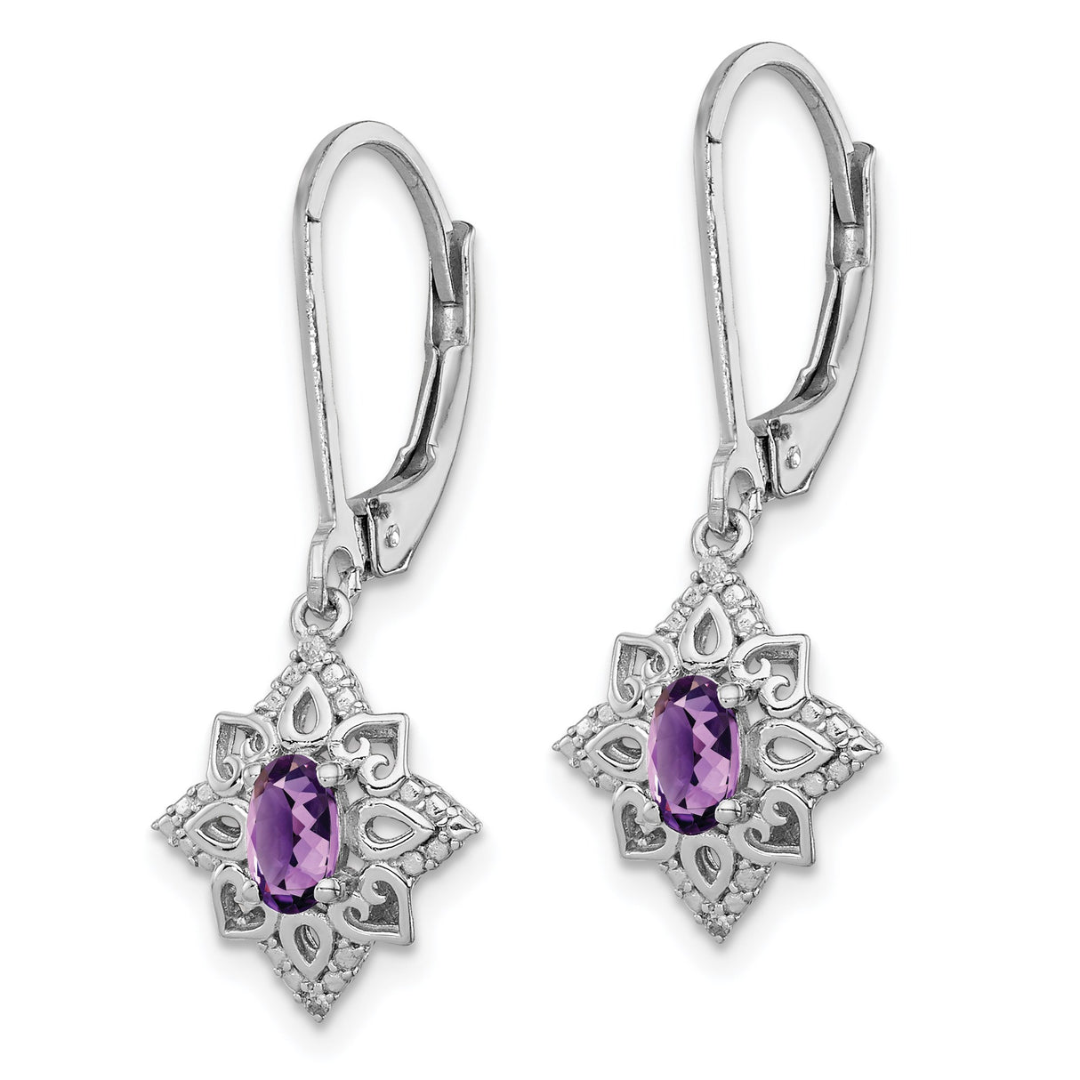 Sterling Silver Dangle Earrings with Amethyst and Diamond, Filigree Star Design, Vintage Heart Accents