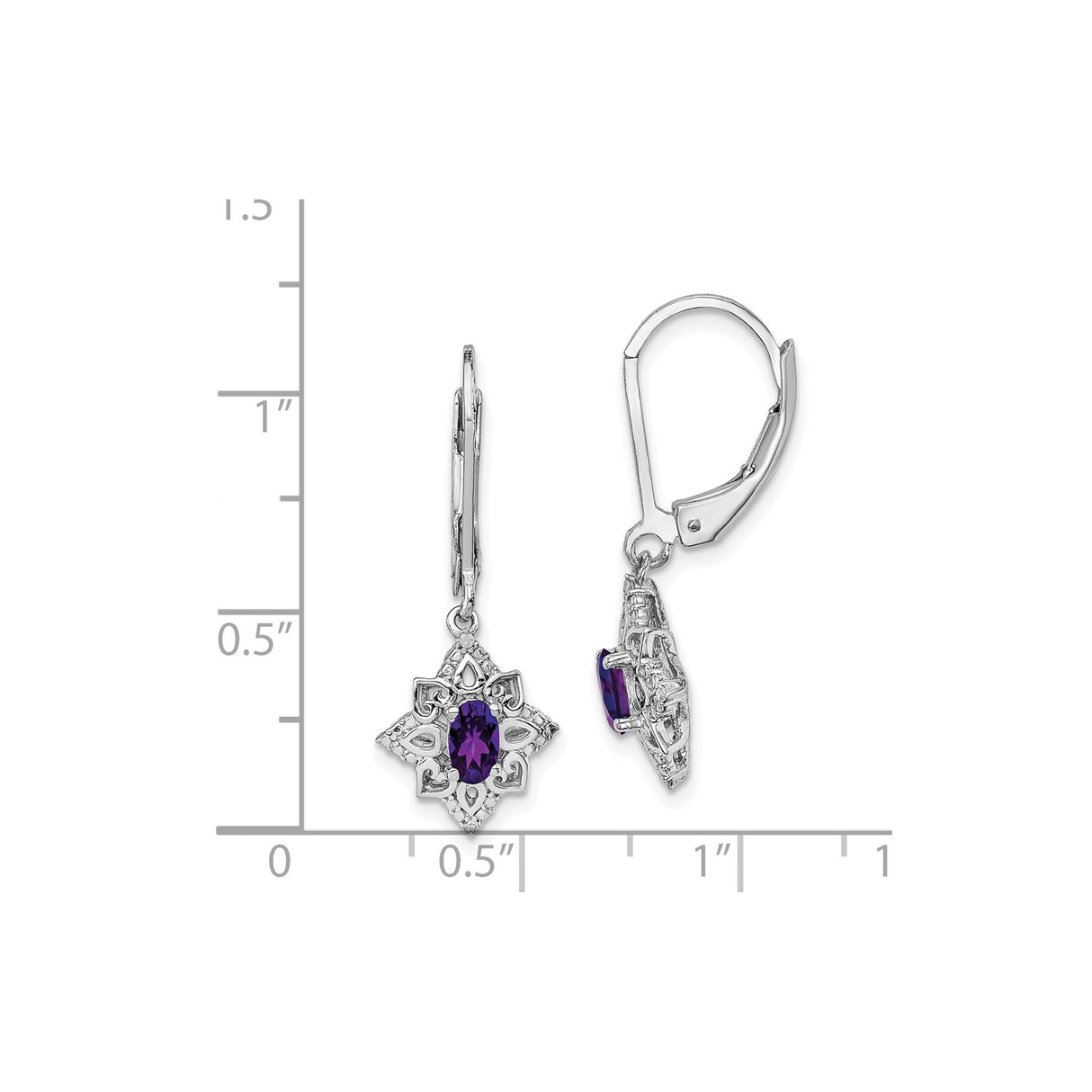 Sterling Silver Dangle Earrings with Amethyst and Diamond, Filigree Star Design, Vintage Heart Accents