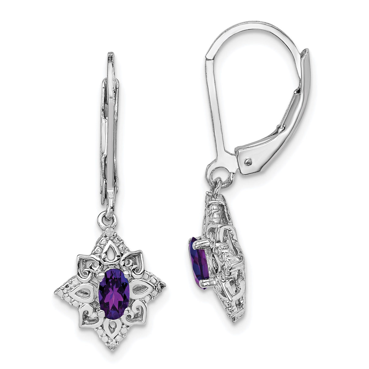 Sterling Silver Dangle Earrings with Amethyst and Diamond, Filigree Star Design, Vintage Heart Accents