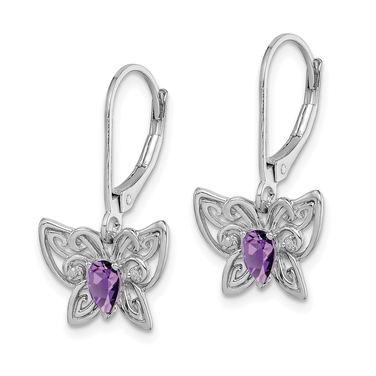 Sterling Silver Butterfly Drop Earrings with Amethyst and Diamond, Filigree Wings Design