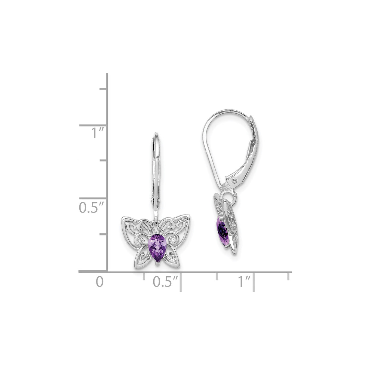Sterling Silver Butterfly Drop Earrings with Amethyst and Diamond, Filigree Wings Design