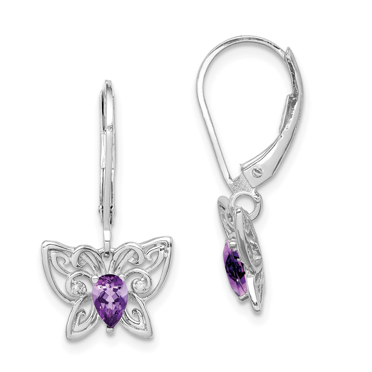 Sterling Silver Butterfly Drop Earrings with Amethyst and Diamond, Filigree Wings Design
