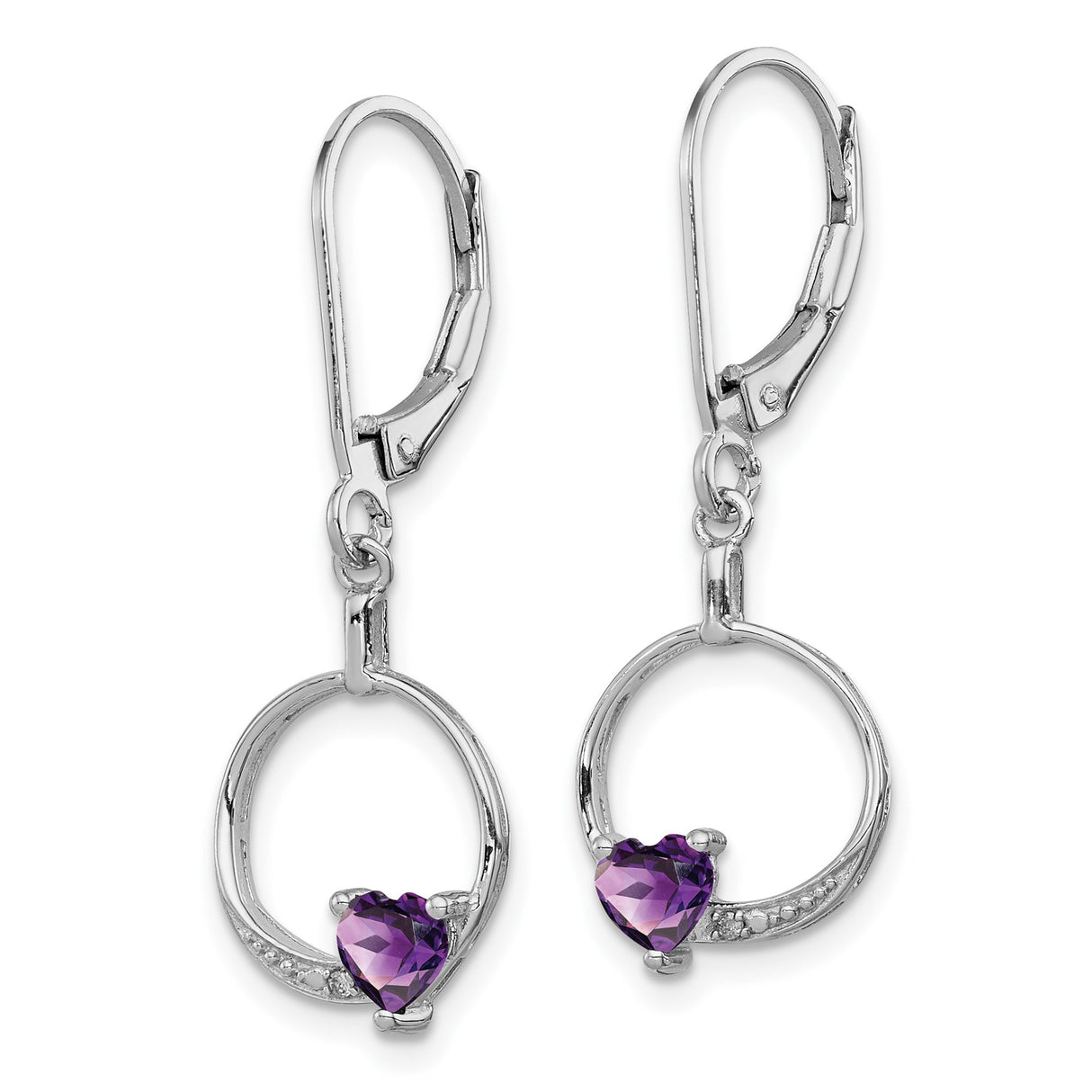 Sterling Silver Dangle Earrings with Amethyst and Diamond, Heart and Circle Drop Design