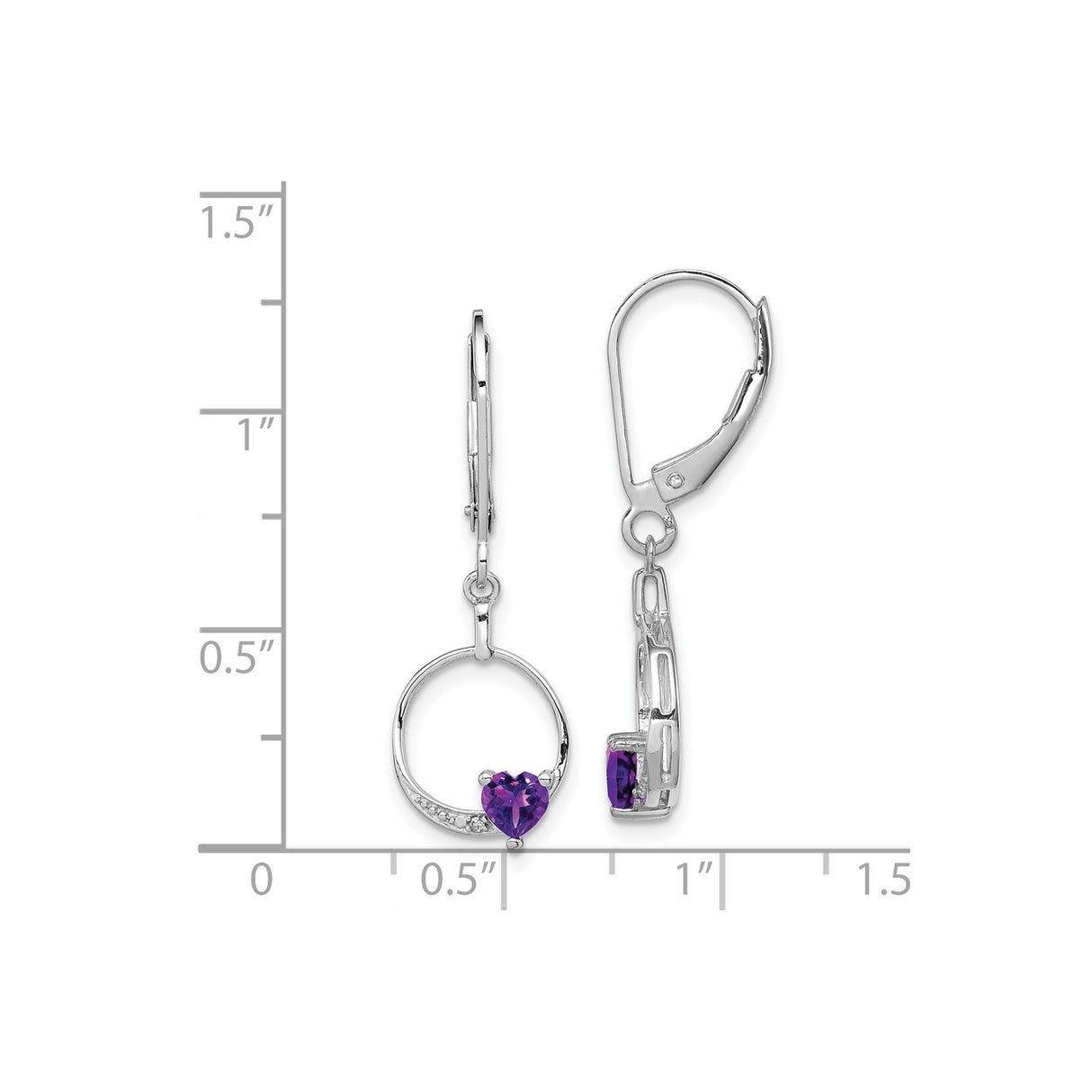 Sterling Silver Dangle Earrings with Amethyst and Diamond, Heart and Circle Drop Design