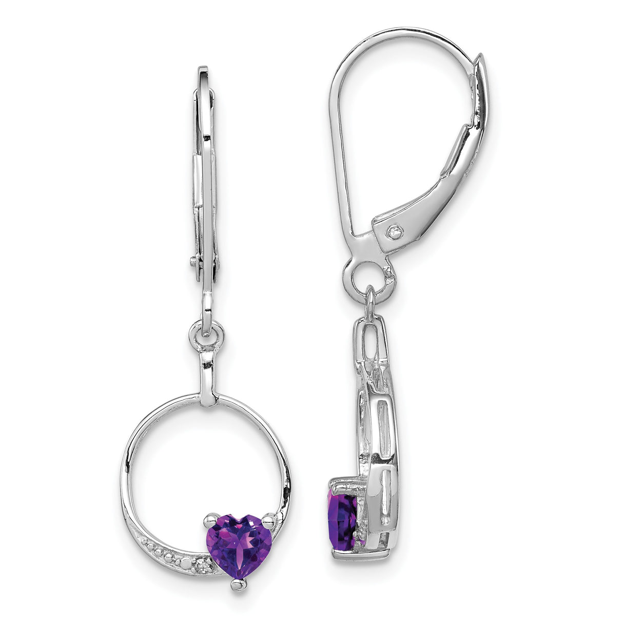 Sterling Silver Dangle Earrings with Amethyst and Diamond, Heart and Circle Drop Design