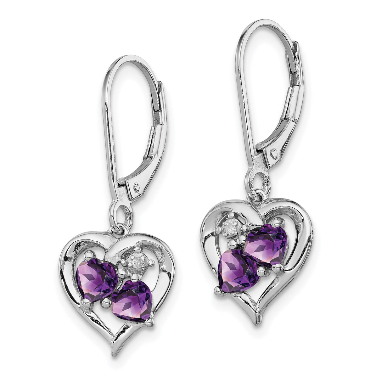 Sterling Silver Heart Drop Earrings with Amethyst and Diamond Accent Stones
