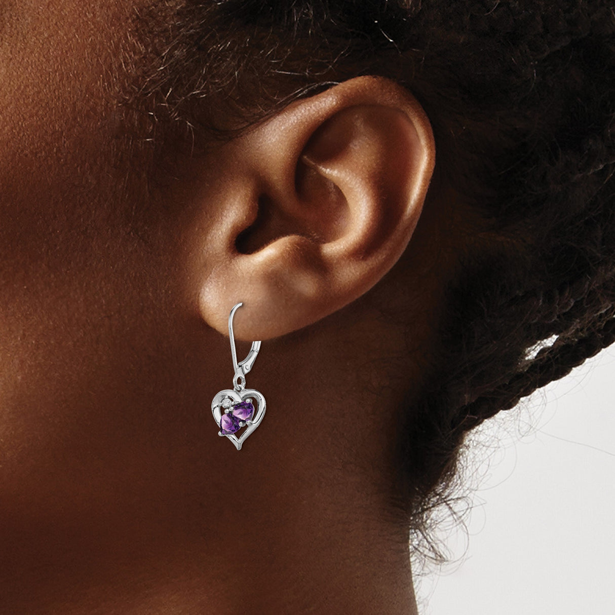 Sterling Silver Heart Drop Earrings with Amethyst and Diamond Accent Stones