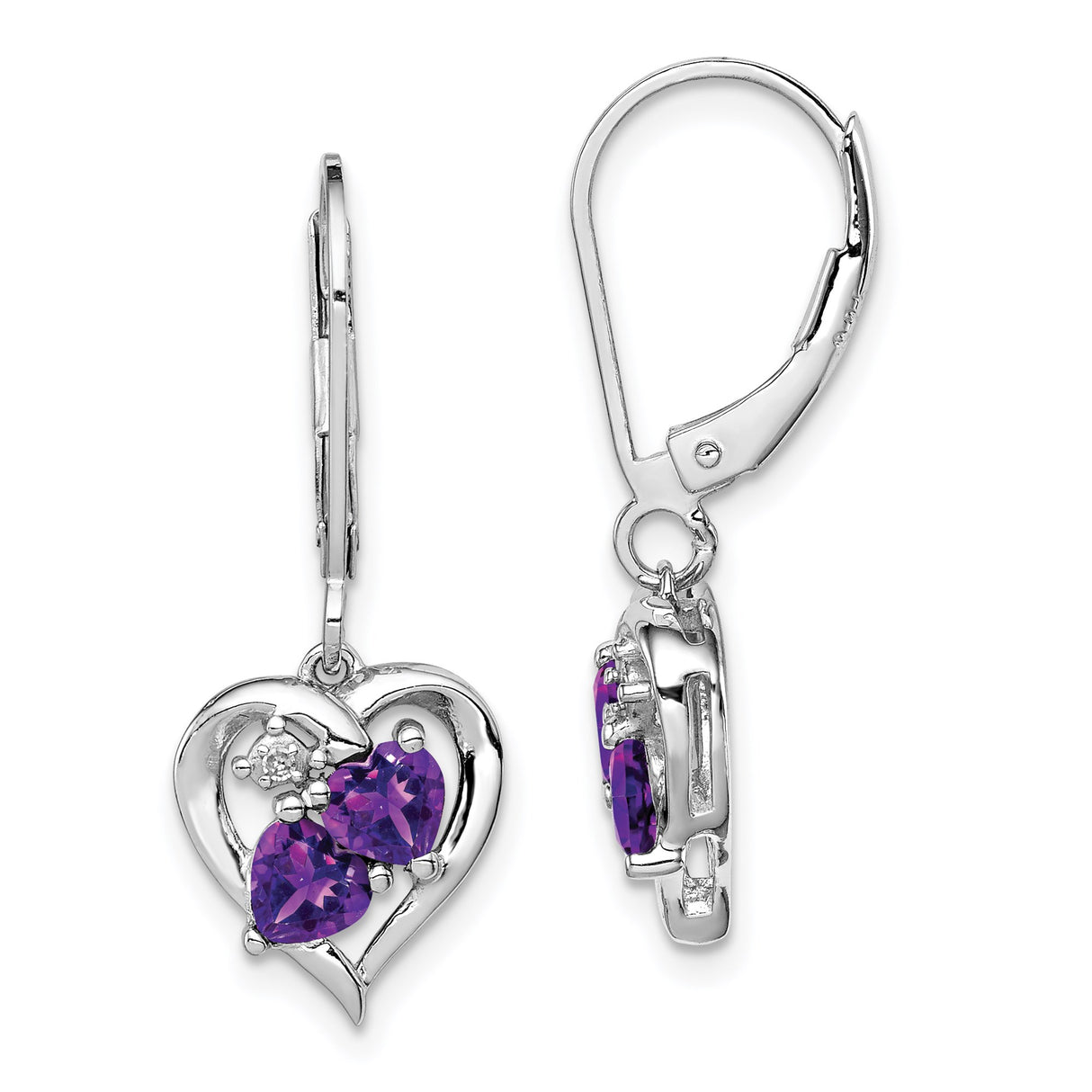 Sterling Silver Heart Drop Earrings with Amethyst and Diamond Accent Stones