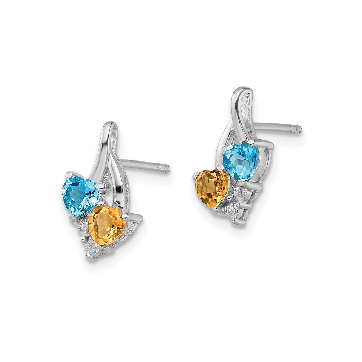 Sterling Silver Stud Earrings with Citrine and Swiss Blue Topaz, Dual Heart Design