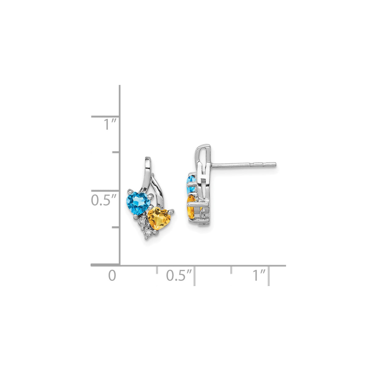 Sterling Silver Stud Earrings with Citrine and Swiss Blue Topaz, Dual Heart Design
