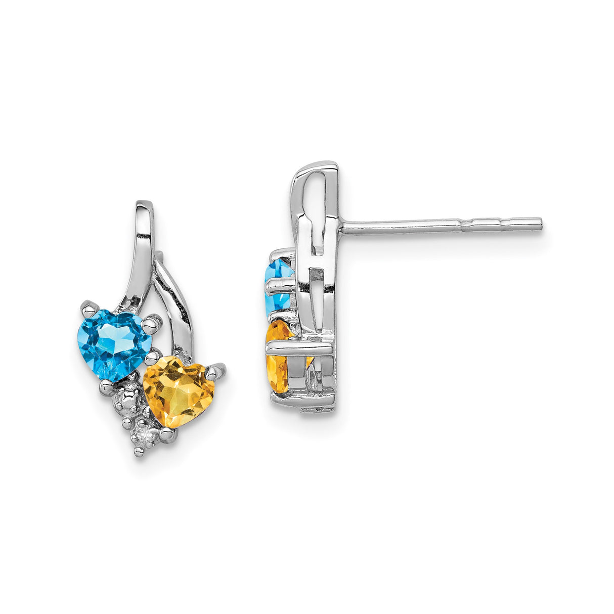 Sterling Silver Stud Earrings with Citrine and Swiss Blue Topaz, Dual Heart Design