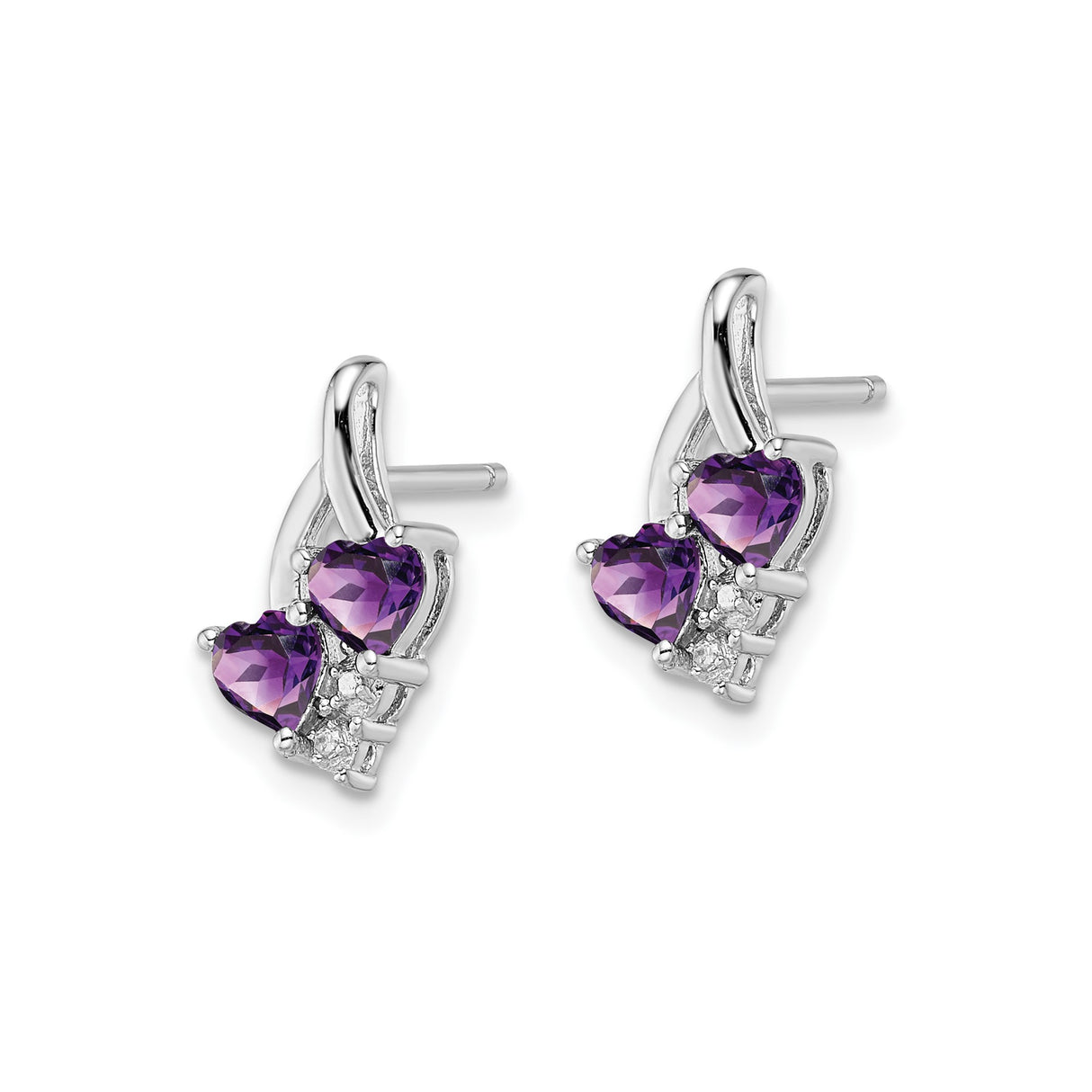 Sterling Silver Stud Earrings with Heart Shaped Amethyst and Diamond Accents