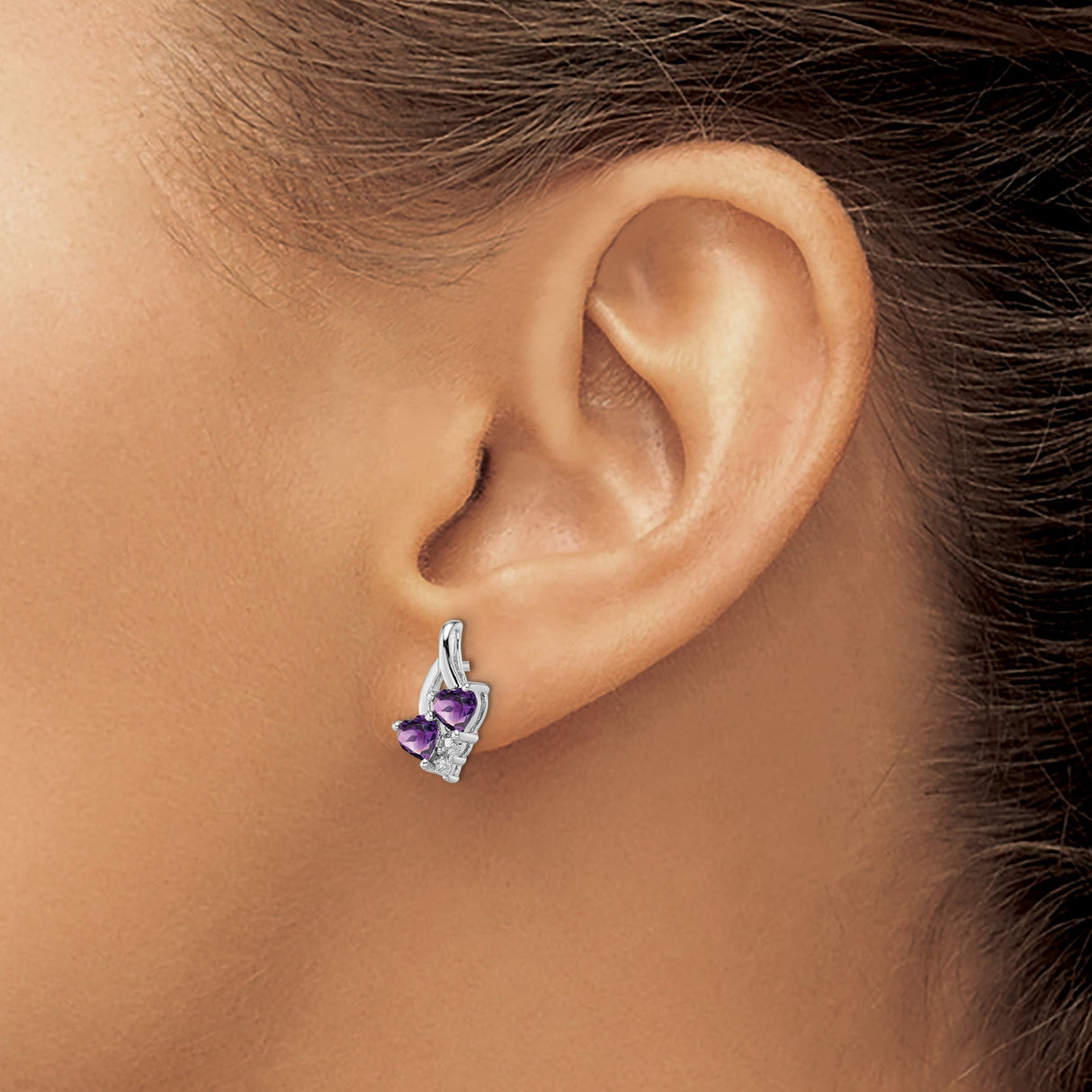 Sterling Silver Stud Earrings with Heart Shaped Amethyst and Diamond Accents