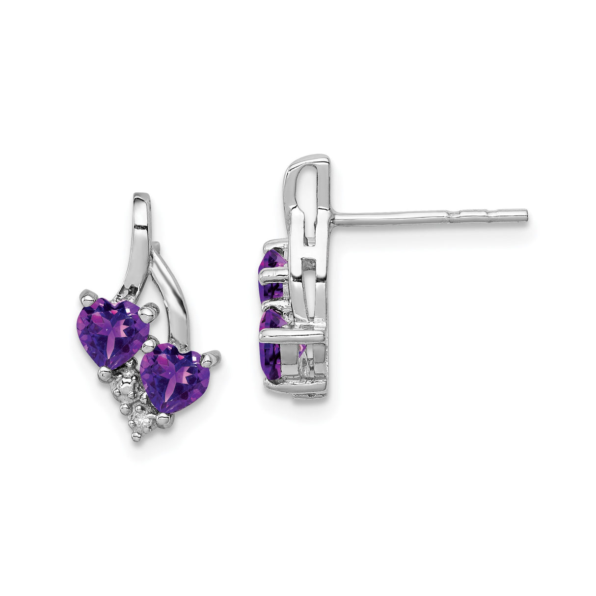 Sterling Silver Stud Earrings with Heart Shaped Amethyst and Diamond Accents