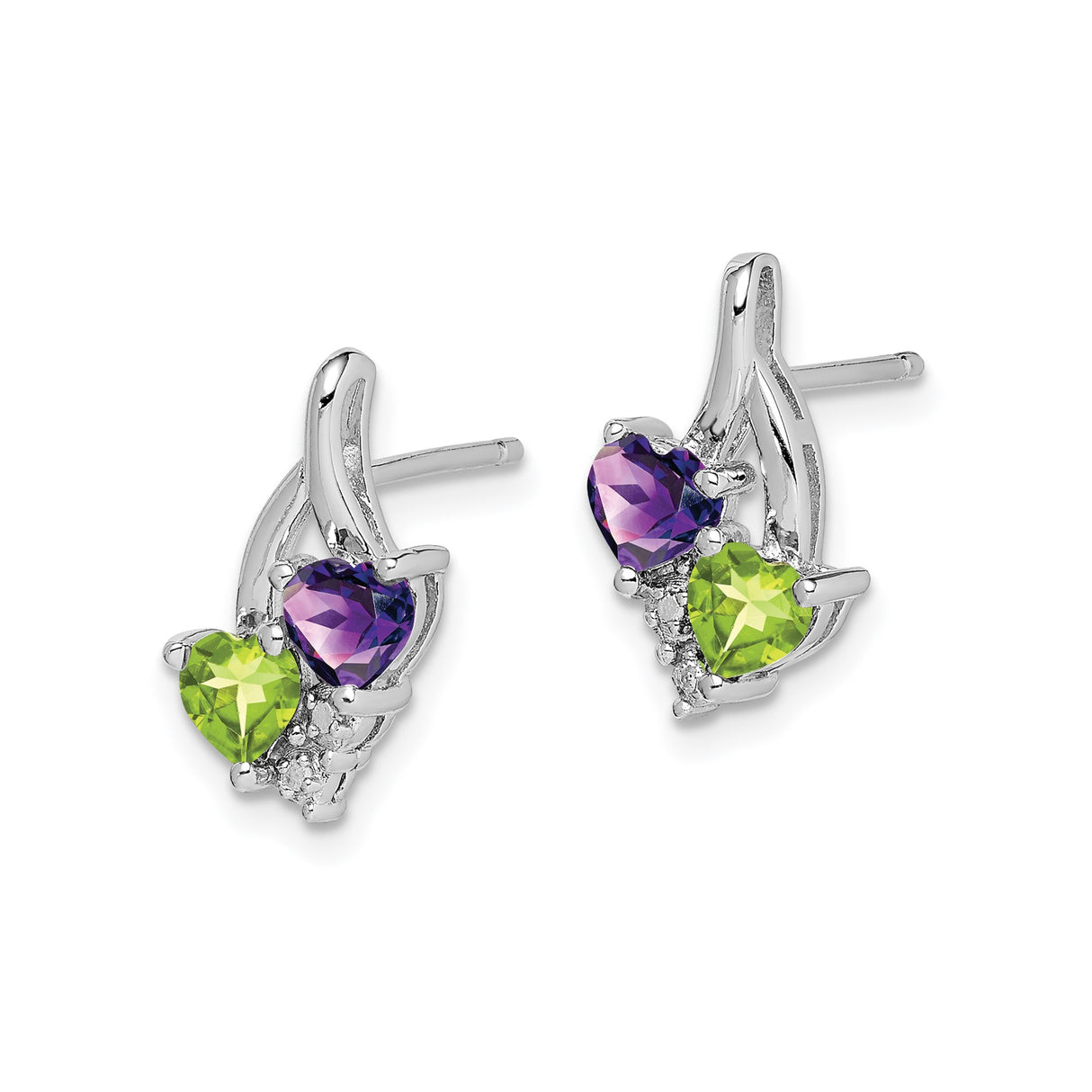 Sterling Silver Heart Stud Earrings with Amethyst and Peridot Accents