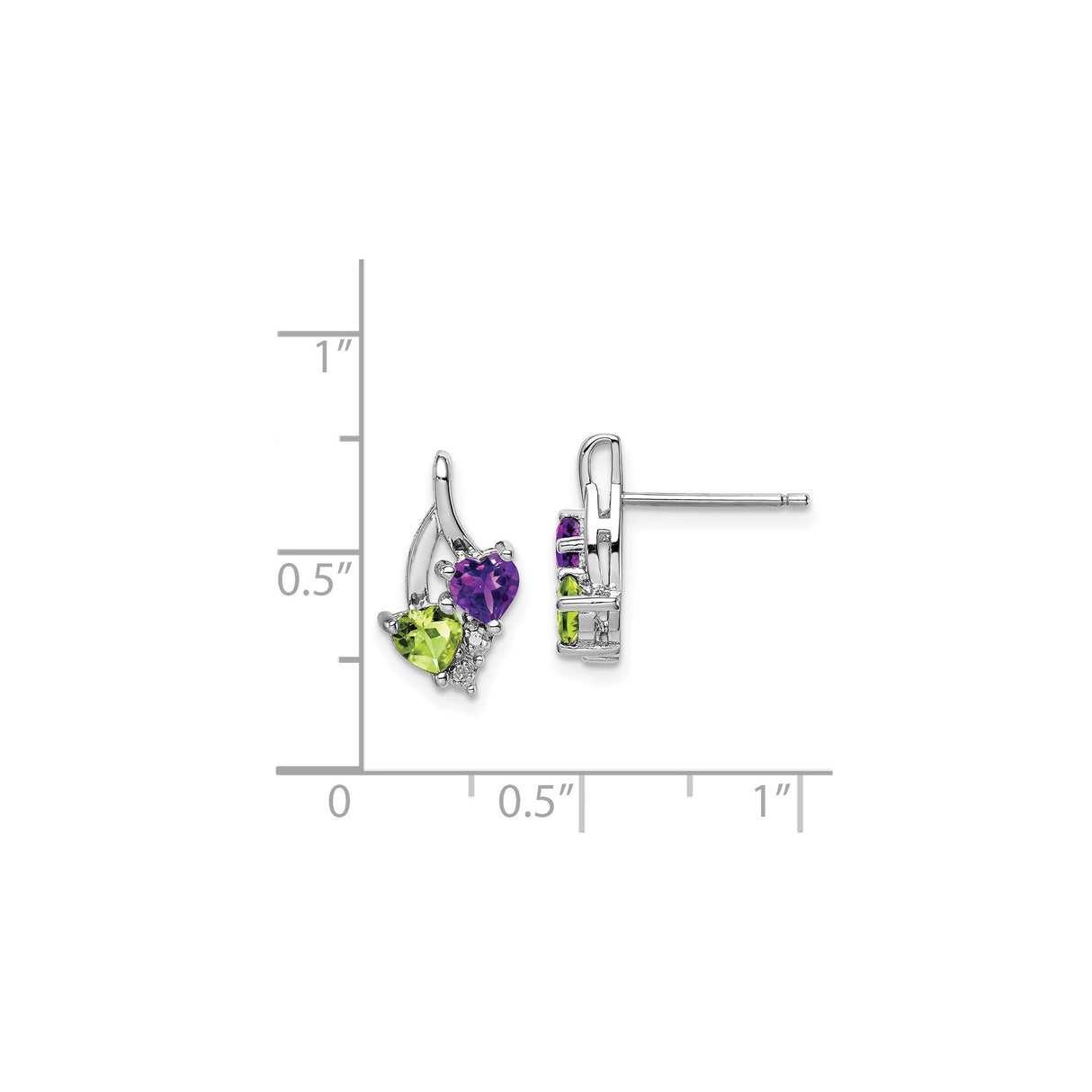 Sterling Silver Heart Stud Earrings with Amethyst and Peridot Accents