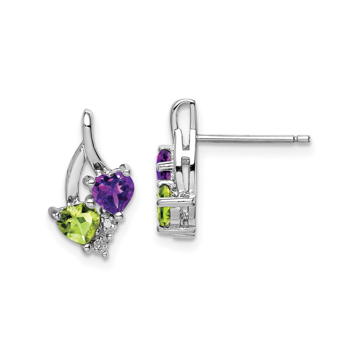Sterling Silver Heart Stud Earrings with Amethyst and Peridot Accents
