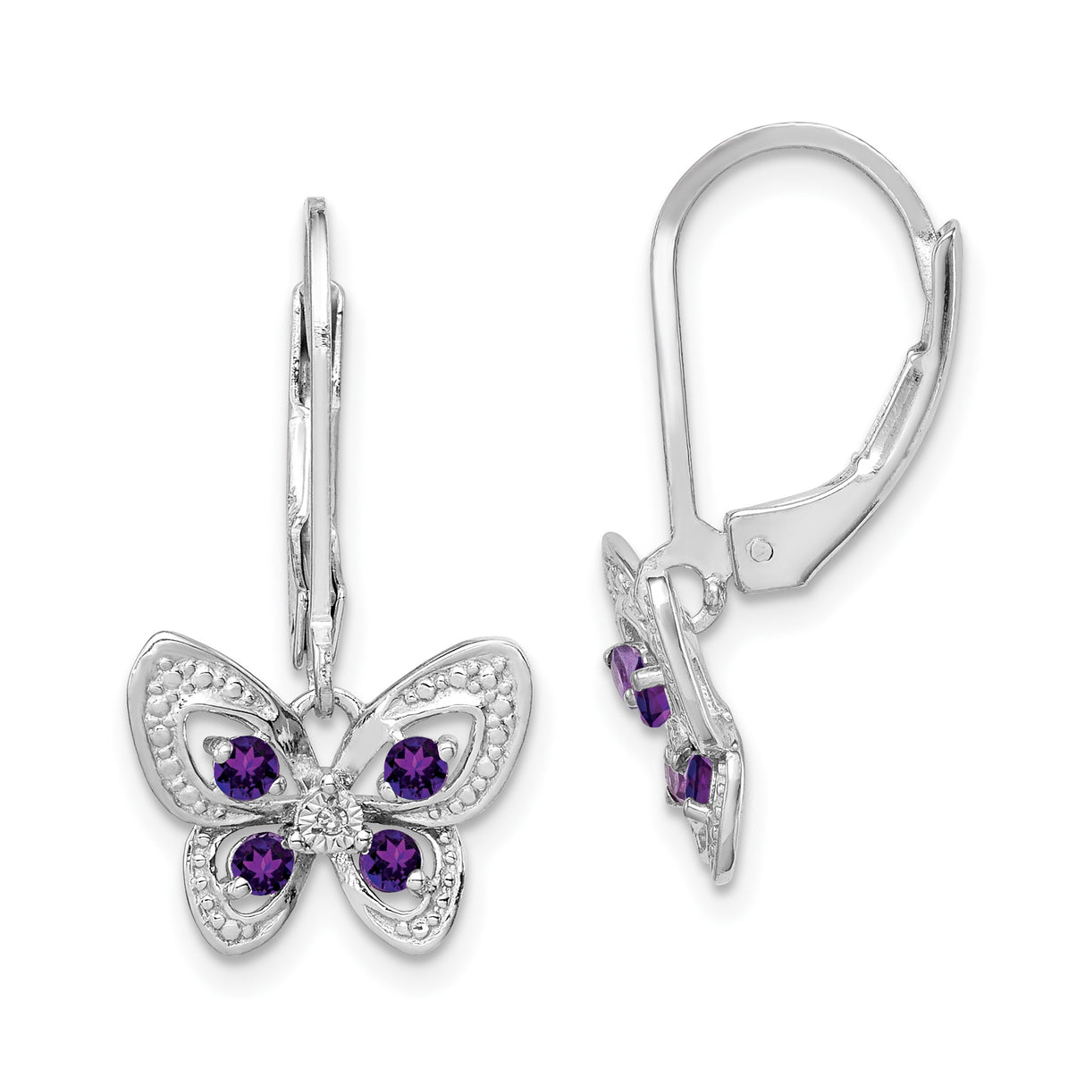 Sterling Silver Butterfly Dangle Earrings with Amethyst and Diamond Accents