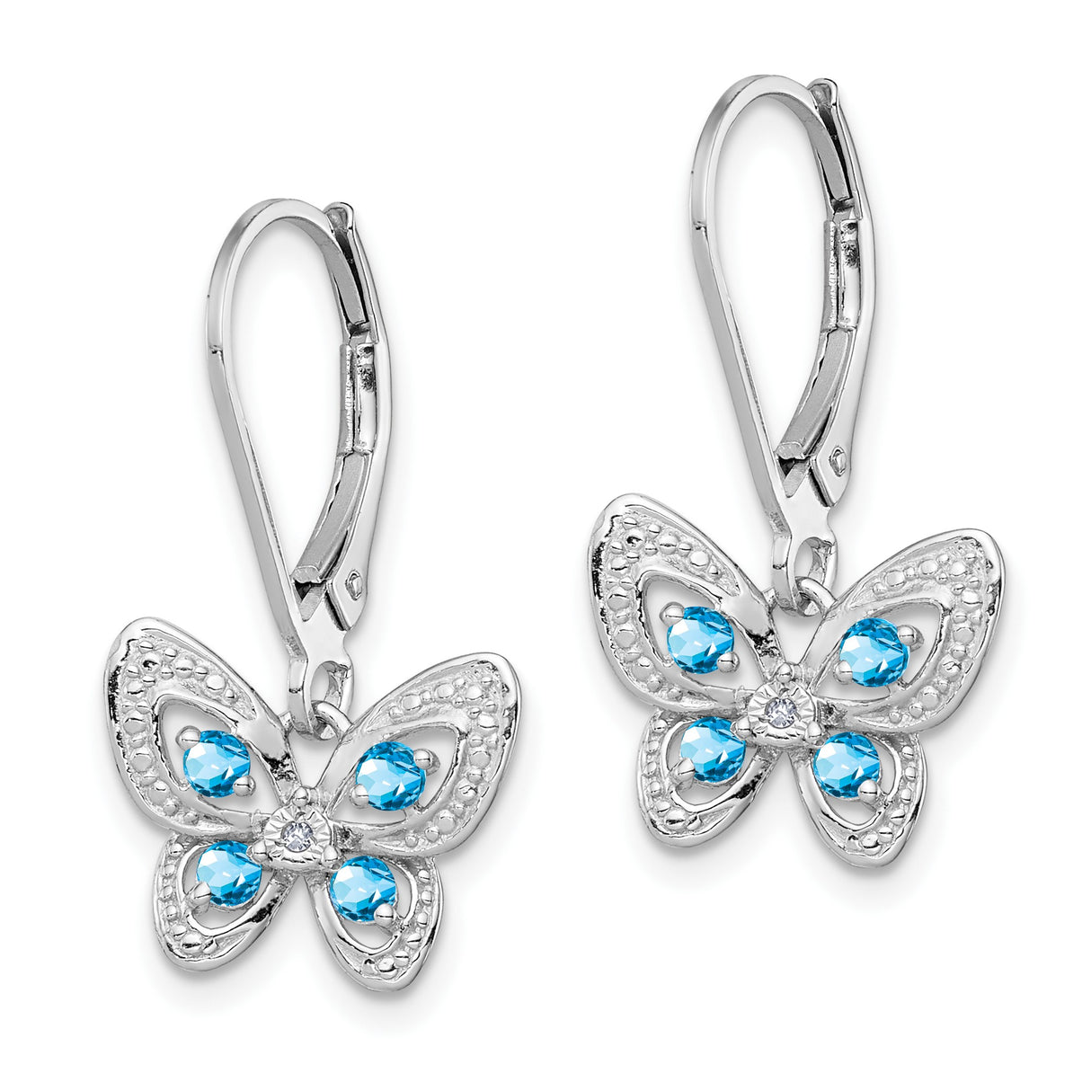 Sterling Silver Butterfly Leverback Earrings with Swiss Blue Topaz and Diamond Accents