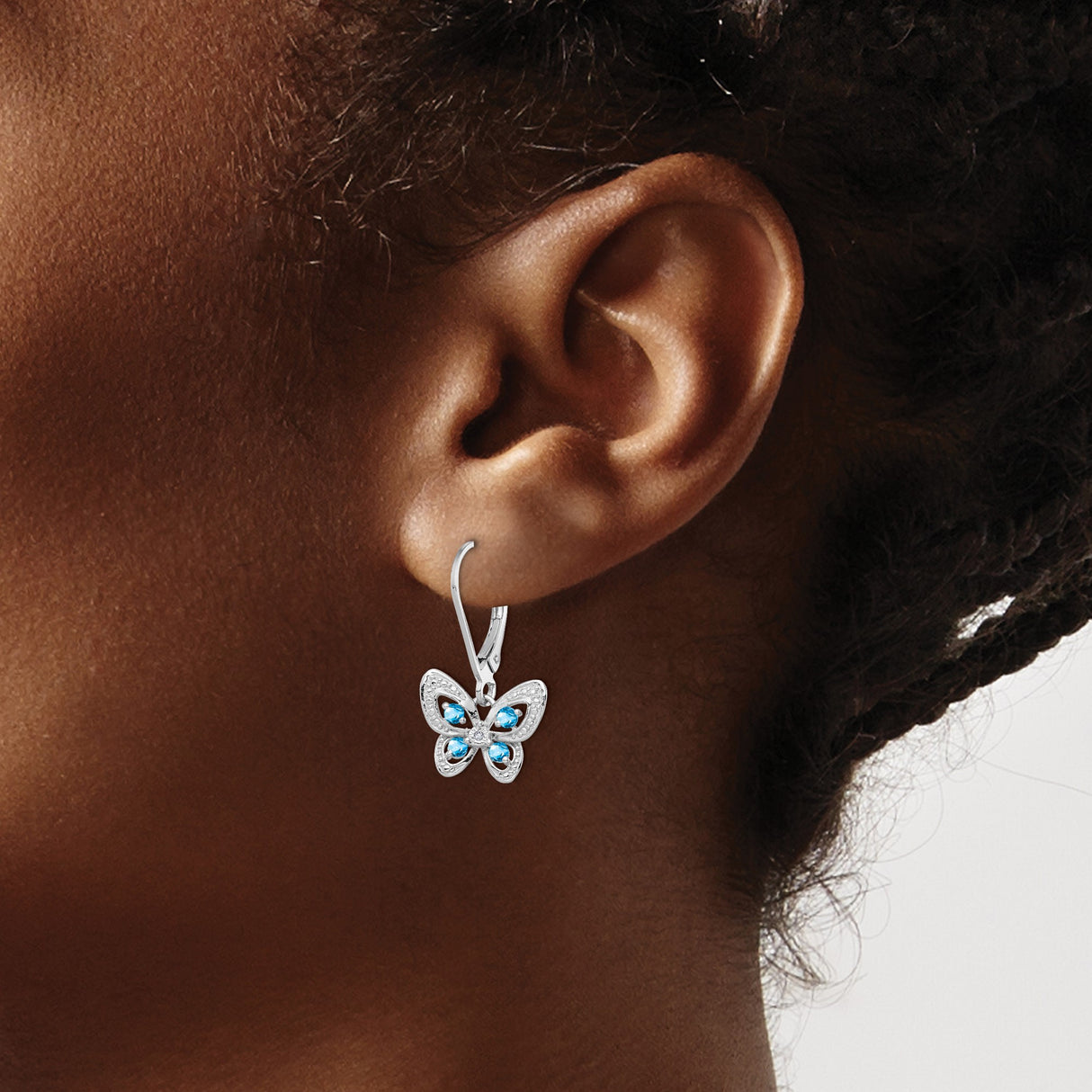 Sterling Silver Butterfly Leverback Earrings with Swiss Blue Topaz and Diamond Accents