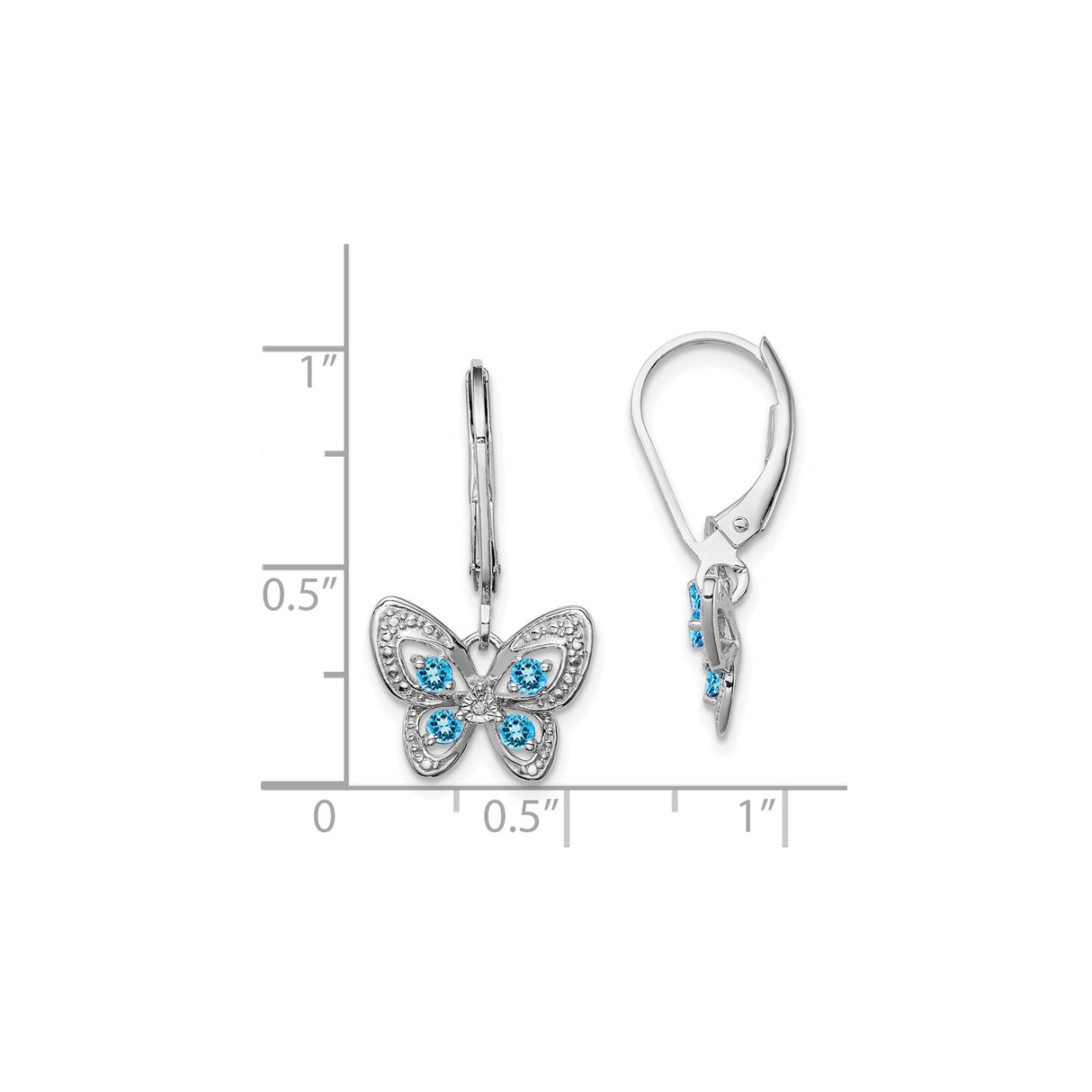 Sterling Silver Butterfly Leverback Earrings with Swiss Blue Topaz and Diamond Accents