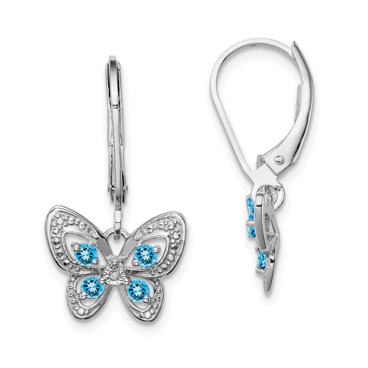 Sterling Silver Butterfly Leverback Earrings with Swiss Blue Topaz and Diamond Accents
