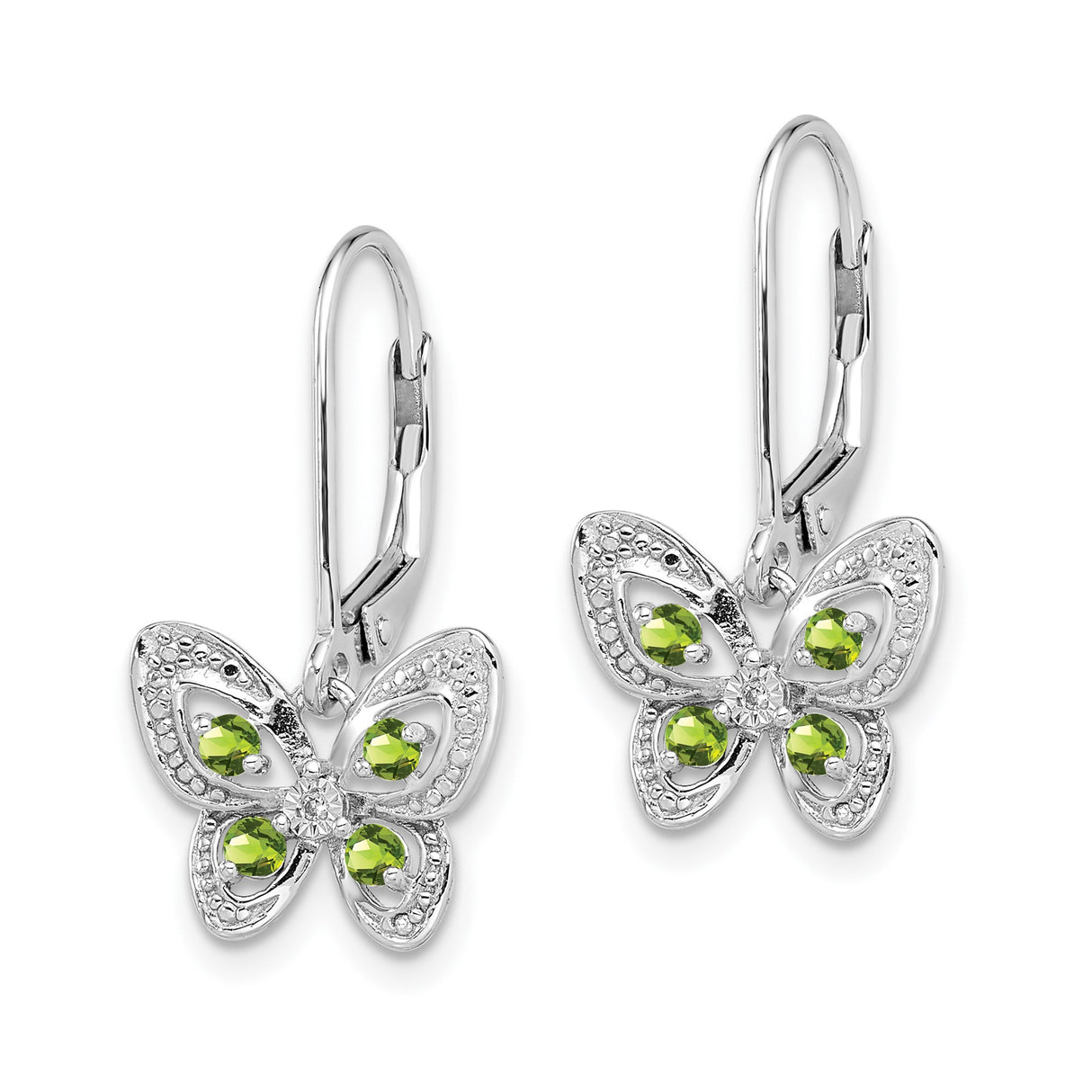 Sterling Silver Butterfly Dangle Earrings with Peridot and Diamond, Filigree Nature-Inspired Design