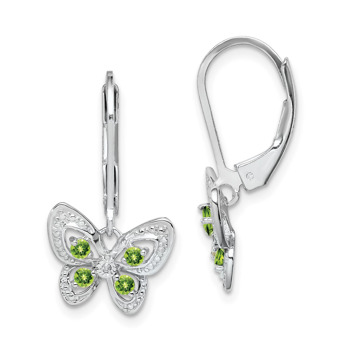 Sterling Silver Butterfly Dangle Earrings with Peridot and Diamond, Filigree Nature-Inspired Design